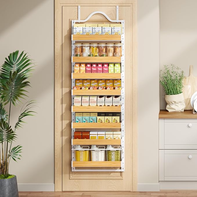 8-Tier Pantry Door Organizer, Over the Door Pantry Organizer with Wooden Adjustable Baskets, 2 IN 1 Spice Rack Wall Mount or Door Organizer, Door Spice Rack for Pantry（72.6×17.1×5.1in,White)