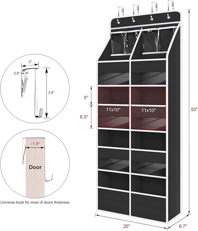 Univivi Upgraded Over the Door Organizer for Baby Nursery, Black, 5-Shelf | Fabric Door Organizer with Clear Window Deep Pockets, Over Door Hanging Organizer for Baby Essential, Bedroom, and Dorm