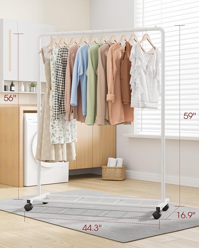 Sakugi Clothes Rack - Clothing Rack with Storage Mesh Shelf & Casters, Heavy-Duty Metal Clothing Rack for Hanging Clothes, Dresses, Coats, Large Load Capacity, Easy Assembly, White, 44.3"x16.9"x59.0"