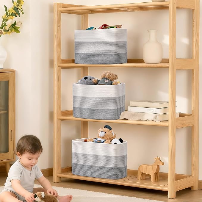 3 Pack Cube Storage Bin, 17”x12”x12” Cotton Rope Woven Baskets for Organizing Toys Clothes Towels, Square Gift Storage Baskets for Shelves, Nursery, Closet, Bathroom, Pantry (Gradient Grey)