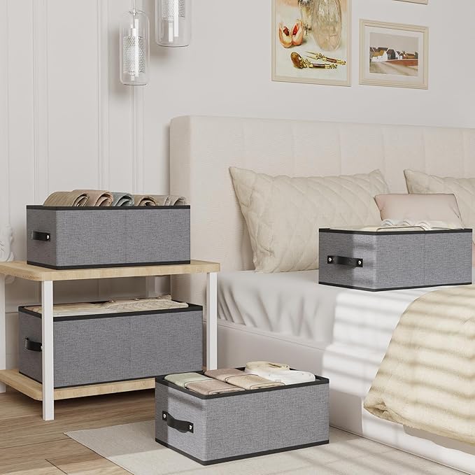 Storage Baskets with Handles,13×9.1×5.5 In,Gray Boxes,4Pack | Storage Bins for Shelves,Foldable Clothing Drawer Organizer,Closet Containers for Home,Office,Large Fabric Cubes