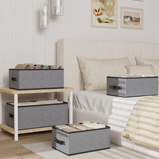 Fabric Closet Storage Boxes,18.5×11×7.9In,Gray Bins,4Pack | Storage Baskets with Handles,Collapsible Clothing Bins,Fabric Drawers,Closet Organizer for Shelves Wardrobe Bedroom