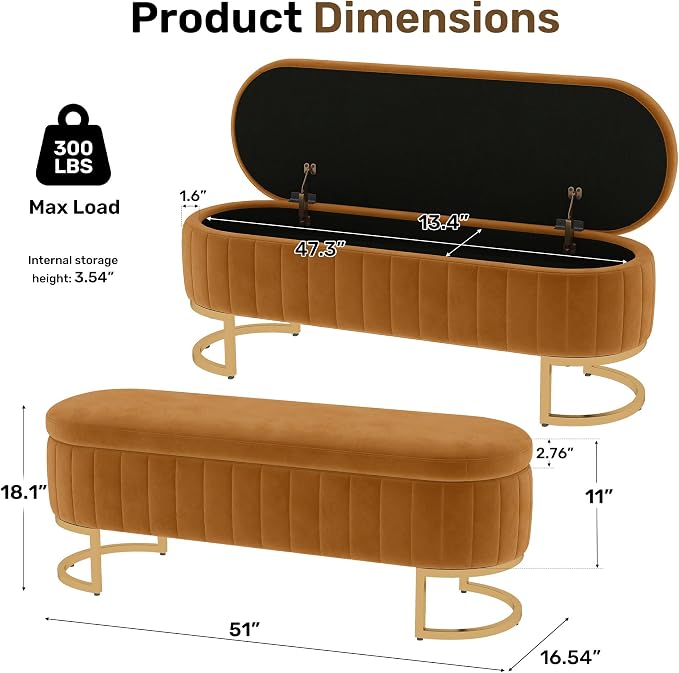 51" Velvet Storage Ottoman Bench End of Bed for Bedroom Entryway Light Brown