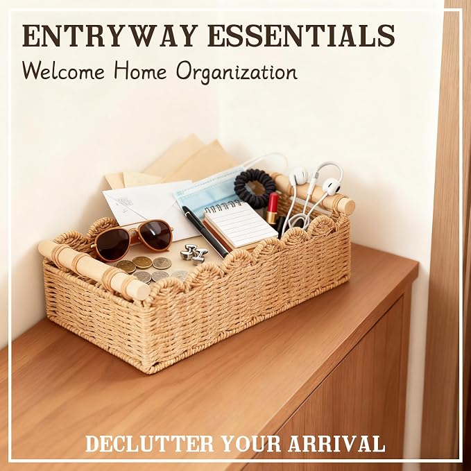 Upgraded Paper Rope Scalloped Edge Toilet Paper Storage Basket, Small Living Room, Bedroom Decor Baskets for Over Toilet Storage Shelf, End Table, Shelves and More, with 2 Wooden Handle (Neutral)