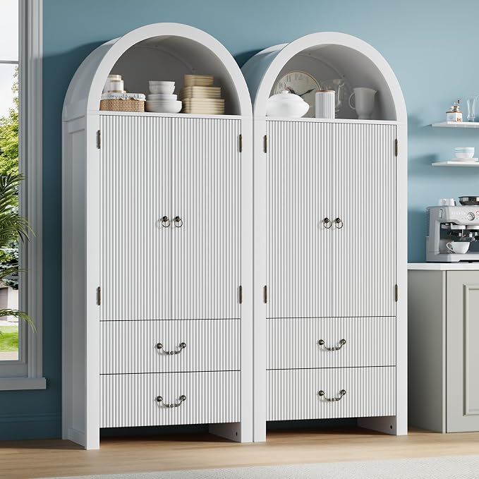 FURSUN 71" Tall Fluted Arched Cabinet Set of 2, Wood Pantry Storage Cabinet with 2 Large Drawers, Modern Versatile Bookcase for Living Room, Kitchen, Dining, White
