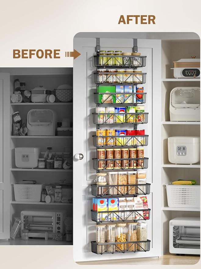 Delamu Adjustable Over the Door Pantry Organizer, 9-Tier Metal Pantry Organization and Storage for Kitchen, Hanging Spice Rack Seasoning Shelves, Cabinet Door Organizer for Easy Install, 16" Black