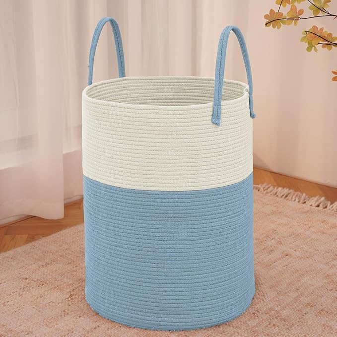 JMvicyroam 60L Cotton Rope Laundry Basket Hamper, White and Blue | Collapsible laundry basket, reinforced handles, freestanding, machine washable, holds 3-5 thick blankets, clothes or toys