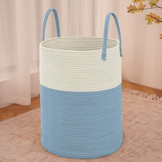 JMvicyroam 60L Cotton Rope Laundry Basket Hamper, White and Blue | Collapsible laundry basket, reinforced handles, freestanding, machine washable, holds 3-5 thick blankets, clothes or toys