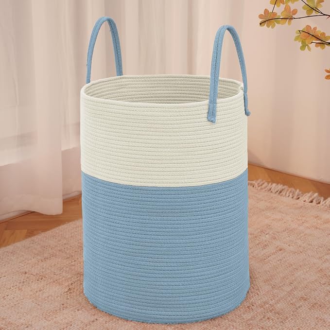 JMvicyroam 80L Cotton Rope Laundry Basket Hamper, White and Blue | Collapsible laundry basket, reinforced handles, freestanding, machine washable, holds 3-5 thick blankets, clothes or toys