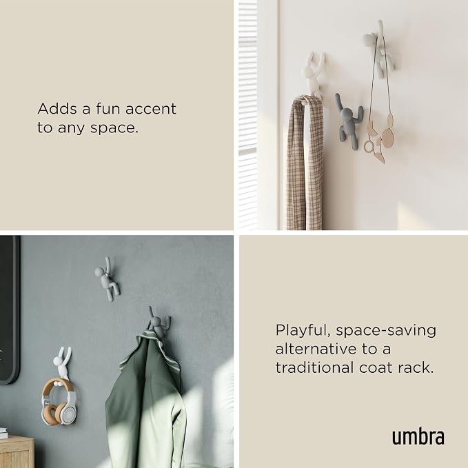 Umbra Buddy Wall Hooks, Decorative Wall Mount Coat Hooks, Set of 3, Grey | Easy install with hardware, holds 5lbs per hook, entryway bedroom bathroom dorm, playful hanging storage, recycled plastic