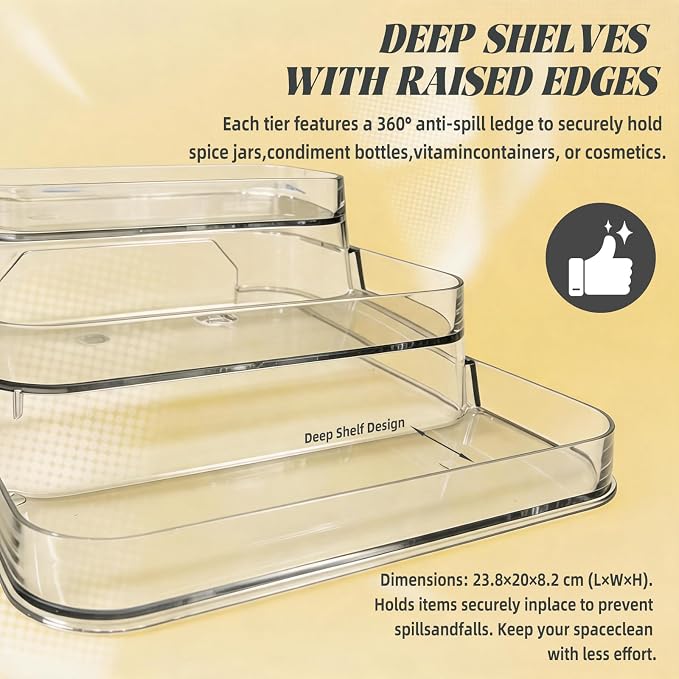 3-Tier Spice Rack 2-Pack, Clear PET Storage Set | No assembly required, fits kitchen, bathroom, pantry. Holds spices, vitamins, cosmetics. BPA-free, space-saving