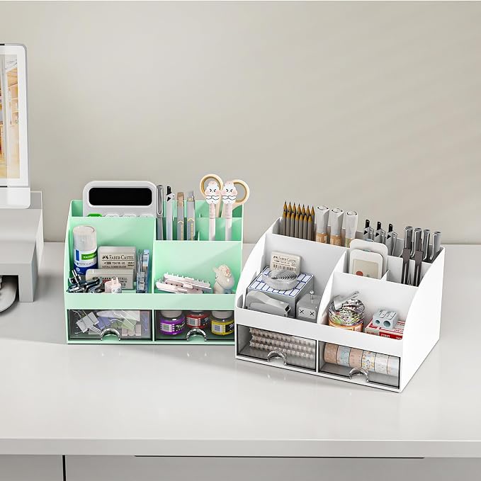 COMFYROOM Desk Organizer with 6 Compartments and 2 Drawers, Plastic Makeup Organizer, Pen Holder for Desktop Storage, Desk Organization for School, Home, Office Supplies (Mint Green)