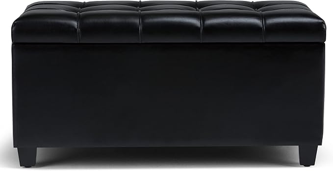 SIMPLIHOME Avalon 35" Wide Velvet Square Storage Ottoman in Blue | Transitional ottoman with tufting and lift-up lid; rectangle storage bench for living room or entryway.