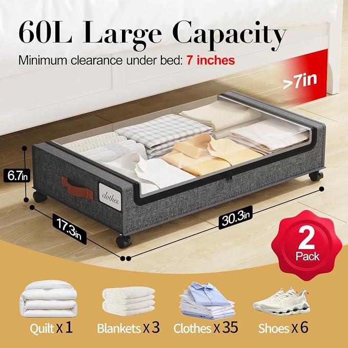 Yecaye Under Bed Storage with Wheels, 2 Pack Under the Bed Storage Containers with Lids & Label, XXL 60 L Rolling Underbed Storage Drawers for Clothes, Blankets, Shoes, Hemp Gray