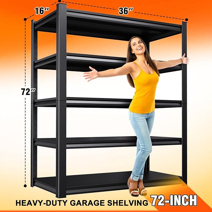 72''H 35''W Storage Shelves,2500LBS Garage Shelving ,Adjustable Garage Shelves ,Heavy Duty Metal Shelving, 5 Tier Wood Utility Steel Shelf, Shelving Units and Storage Rack fo Kitchen Pantry Laundry