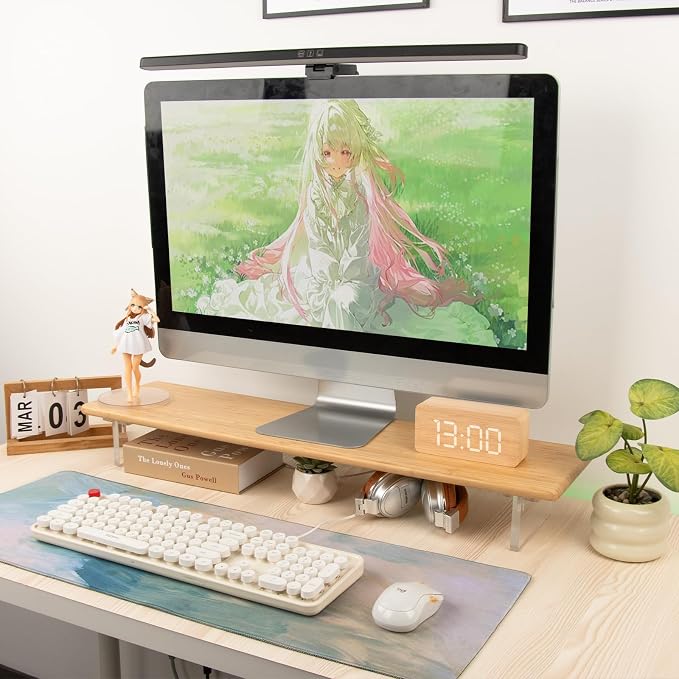 Bamboo Monitor Stand Riser, Natural Desk Shelf with Acrylic Legs | 31.5-Inch Wide, 3.3-Inch Clearance, Fits Monitor, Laptop, Printer and Speakers for Small Desks