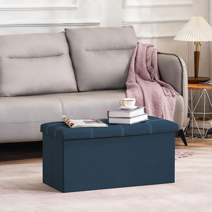 YOUDENOVA 30" Linen Ottoman with Storage, Folding Bench, Blue | Foldable linen ottoman with hidden storage, padded seat and sturdy frame for living room or bedroom.