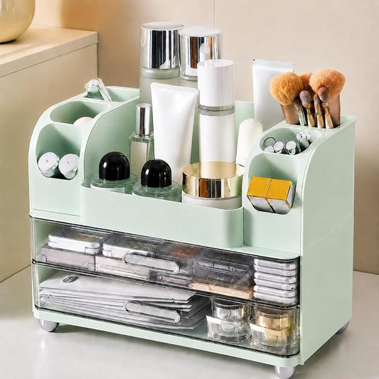 Large Makeup Organizer for Vanity - Perfume Cosmetic Display Cases | Skincare Organizers with 2 Drawers for Bathroom Dresser Desk, Easy to Store Brush Eyeshadow Lipstick Beauty Supplies, Green