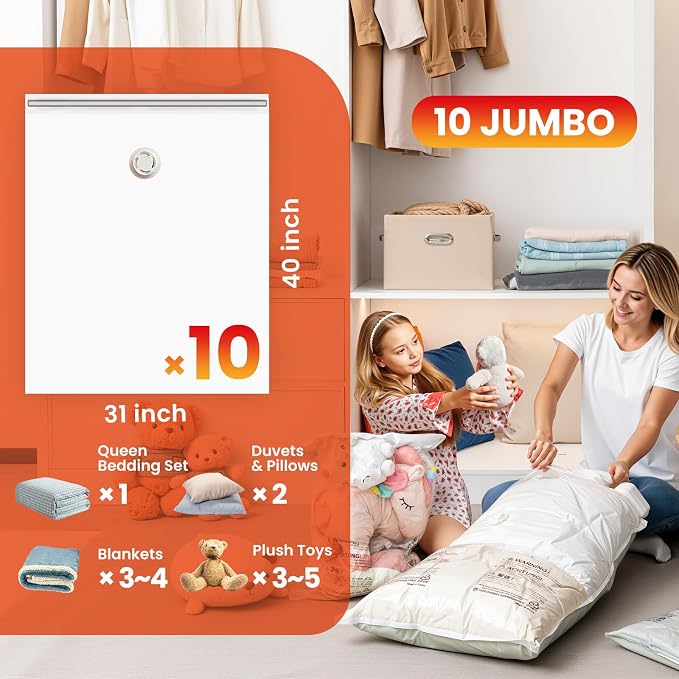 TAILI 10 Pack Vacuum Storage Bags, Jumbo Size (31×40 inch), Cream | Vacuum Seal Bags for Clothing, Extra Large Space Saver for Bulky Beddings, Comforters, Blankets, Pillows, Reusable