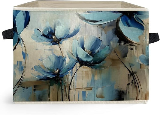 Abstract Blue Floral Storage Box Bins, Modern Impressionism Flower Botanical Collapsible Storage Basket Organizer for Bedroom Laundry Room Home Clothes Books, Decor for Room