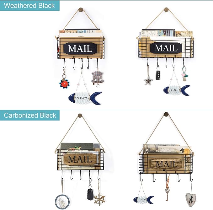 SRIWATANA Rustic Mail Organizer Wall Mount, 5 Key Hooks, Small Size, Black | Mail Holder Key Holder for Wall, Hanging Mail Sorter, Letter Basket for Receipts Bills Envelopes, Home & Office Organizer