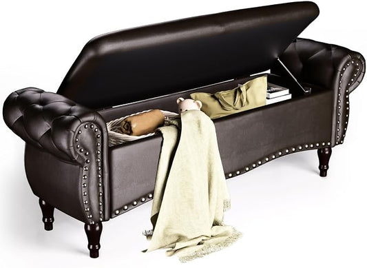 ZZW Storage Ottoman Bench, 51" Length Upholstered End of Bed Storage Bench for Bedroom with Safety Hinge, Tufted Bed Benches with Rolled Arm and Nailhead Trim for Living Room, Entryway Dark Brown