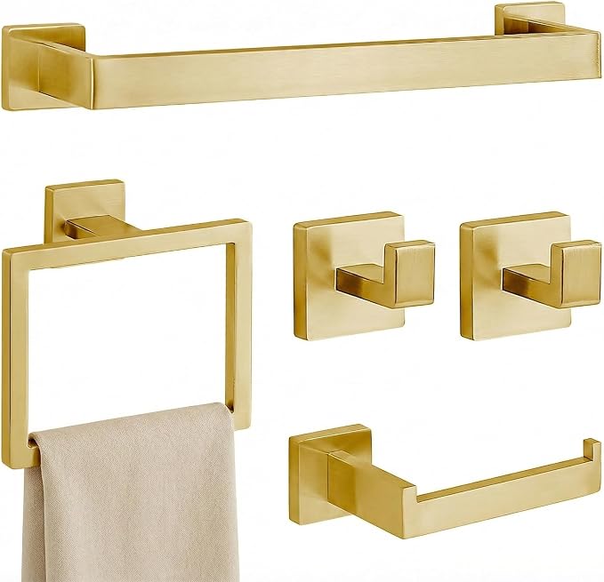 5-Piece Brushed Gold Bathroom Accessory Set, 16 Inch Bathroom Hardware Set, Towel Racks for Bathroom, SUS304 Stainless Steel Wall Mounted Bath Towel Bar Set