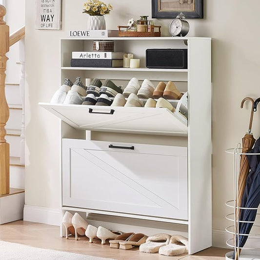 RWYHG Shoe Cabinet Storage for Entryway with 2 Flip Drawers | Open Storage Layer Rack Narrow Organizer Slim Hidden Wood Shoe Cabinet Furniture
