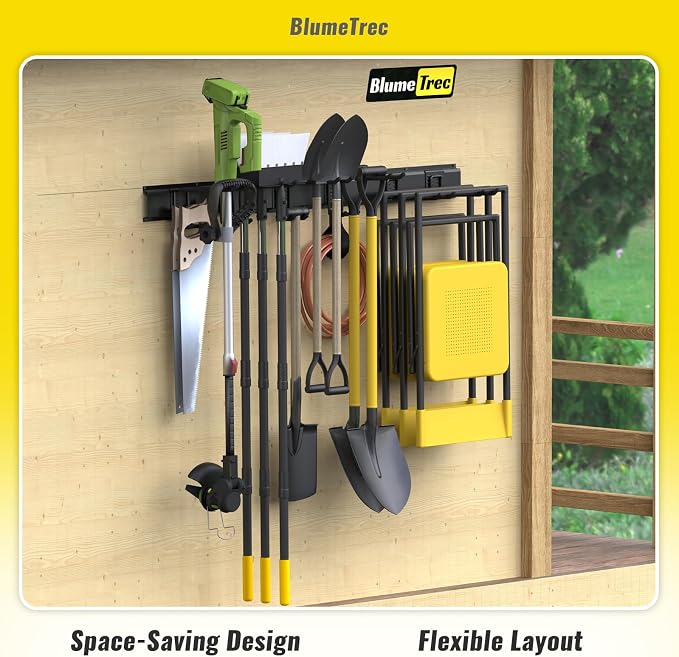 Garage Tool Organizer Wall Mount, 64" Heavy-Duty Metal Wall Organizer, 4 Rails with 8 Adjustable Hooks, Garden Storage Rack for Organization, Sturdy Tool Hanging Holder for Shovel Shed Yard