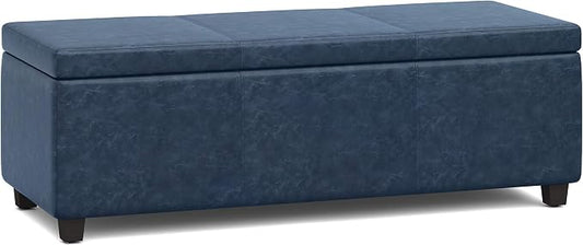 SIMPLIHOME Avalon Storage Ottoman Bench - 48" Wide x 16" High Upholstered Vegan Leather Rectangular Lift-Top Ottoman in Denim Blue, Contemporary Storage Bench for Living Room with High-Density Foam