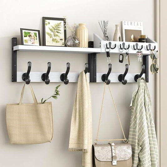 Evermagin 29" Coat Rack Wall Mount with Shelf for Entryway, White | Wall Mounted Coat and Key Rack with Hooks, Key Holder with Mail Organizer for Wall, Living Room, Mudroom, Bedroom