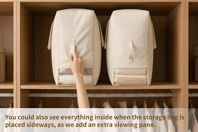 Soft Canvas Storage Bags for Comforters, Blankets, Beddings, Quilt, Clothes | King/Queen Comforter Organizer, Cotton Canvas, 3 Pack, 4 Handles & 2 Clear Windows, Reinforced Zippers, 25x19x9in