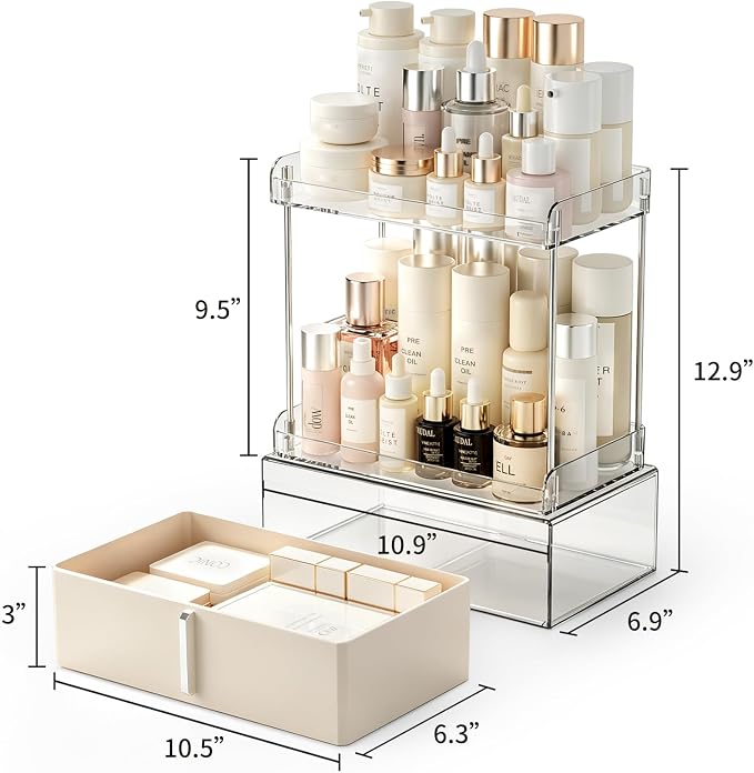 Pajiriona Makeup Organizer,Skincare Organizer for Vanity,2-Tier Large Capacity Cosmetic Storage Box for bathroom organizers and storage,Clear Cosmetic Display Case for Bedroom Countertop.