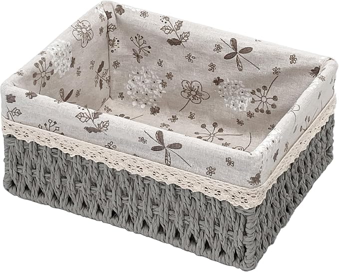 Wicker Storage Baskets, Handwoven Paper Rope Organizer Bins with Removable Floral Liner, Large for Bathroom, Pantry, Shelf, Countertop, Closet (Gray, L)