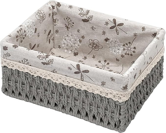 Wicker Storage Baskets, Handwoven Paper Rope Organizer Bins with Removable Floral Liner, Large for Bathroom, Pantry, Shelf, Countertop, Closet (Gray, L)