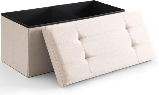 Storage Ottoman Bench Foldable Seat Footrest End of Bed Ottoman with Flipping Lid for Living Room, 75L, 30 inches Linen Fabric Beige