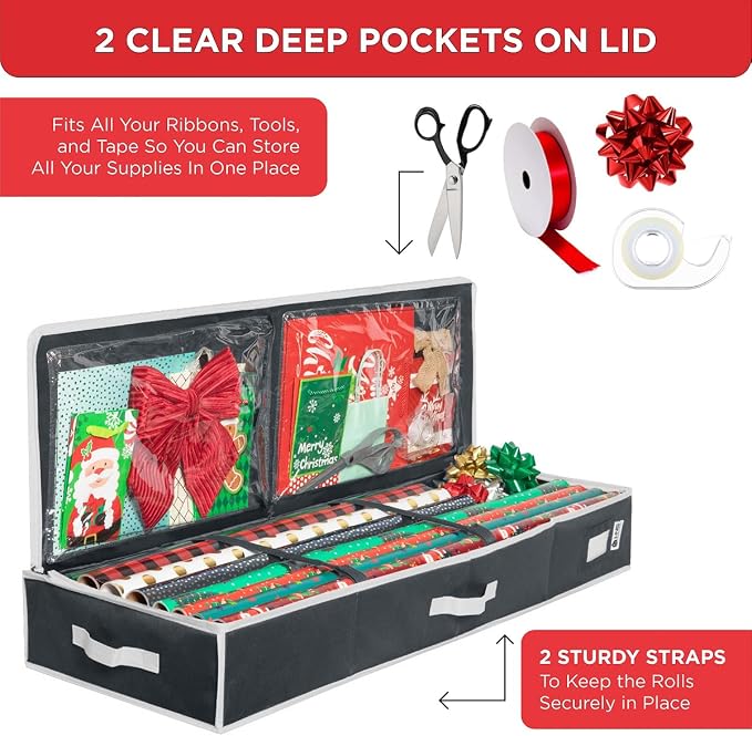 HOLDN’ STORAGE Premium Wrapping Paper Storage Container, Black/White Trim | Durable 600D Tear-Proof, Fits 27 Rolls Gift Wrap, Extra Pockets for Ribbons & Bows, Underbed Storage