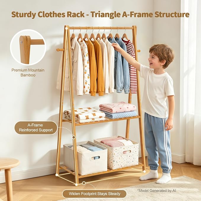 Kids Clothing Rack Small Baby Clothes Racks Bamboo Garment Rack 50"H | Wooden Short Mini Dress Up Costume Rack with Shelves for Hanging Clothes, Nursey Toddler Shower Children Clothes Hanger Rack