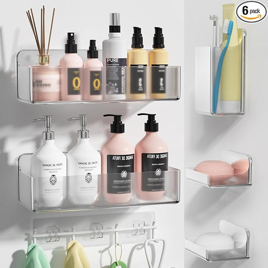 Adhesive Shower Caddy Shower Shelves Bathroom Organizer and Storage | 6 Pack，Rustproof，No Drilling，with Soap Holder，Clear，Acrylic， Large Capacity，Removable and Reusable，Plastics，Wall-Mounted