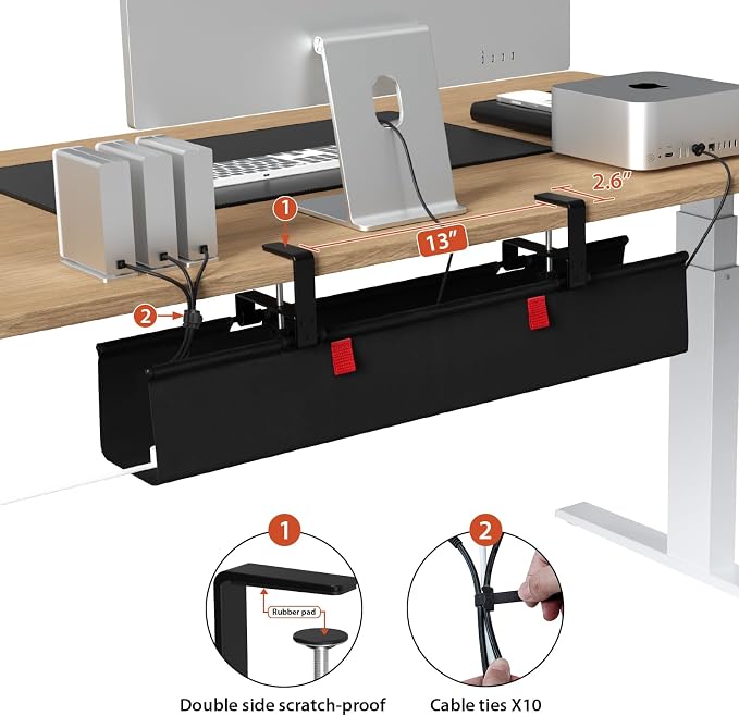 Univivi No Drill Under Desk Cable Management Tray, 28 inch Cable Management | Clamp/Screw Mount Cable Tray under desk, Premium Fabric Cord 0rganizer for Desk, Various Size Cord Organizer for Office, Home
