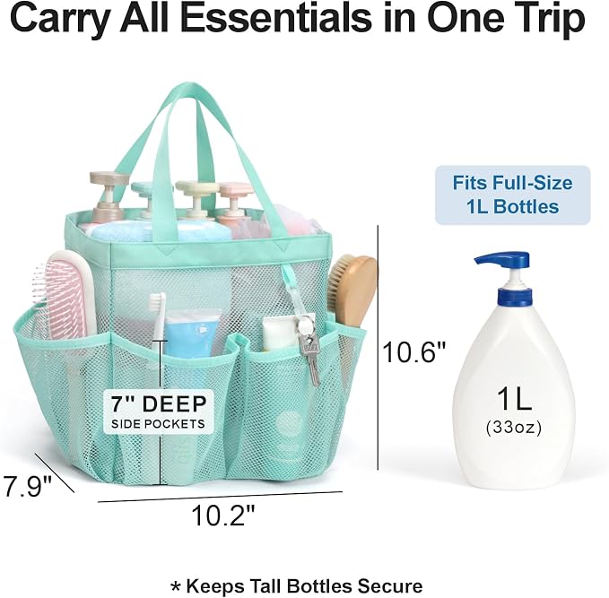 Mesh Shower Caddy Portable - 8 Pockets, S-Hook, Shower Bag for Dorm Camping | 2-Handle, Quick-Dry, Hanging Toiletry Organizer, College Dorm Room Essentials for Girls, Gym, Travel & Bathroom, Sage Green