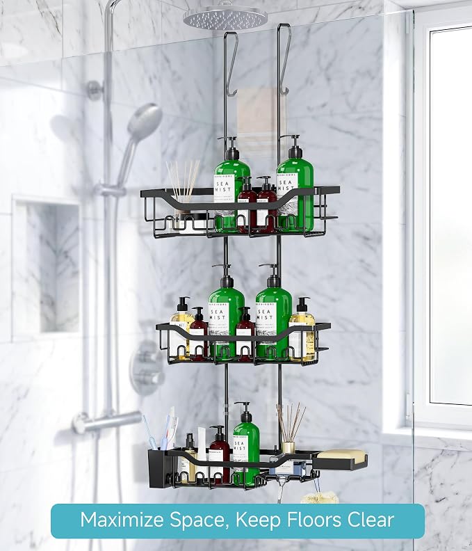 Shower Caddy Hanging Over the Door, Upgraded Extended Length Shower Organizer, 3 Tier Rustproof Bathroom Rack with Hooks Soap Holder
