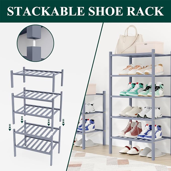 Smiry Bamboo Shoe Rack, 12 Vertical Slats, 3 Tier - 17.3" Wide, Grey | Stackable Free Standing Wooden Shoe Organizer, Wood Shoe Storage Shelf for Closet, Entryway