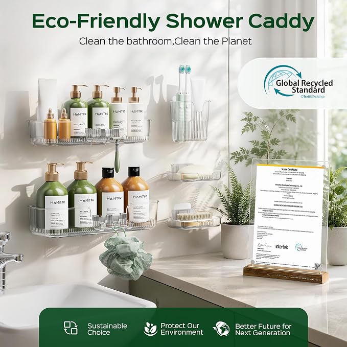 HAMITOR Adhesive Shower Caddy for Bathroom：5 Pack Clear Bath Shelves No Drilling for Modern Renters & Home Decor - Rustproof Acrylic Shower Organizer for Bathroom Storage