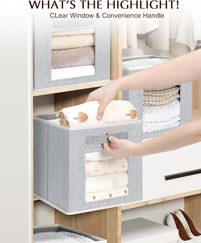Foldable Storage Cubes - Cubby Storage Organizer with Window, Decorative Fabric Bins for Clothes Storage, Closet Organizers for Shelves, 11inch, Set of 8, Light Grey