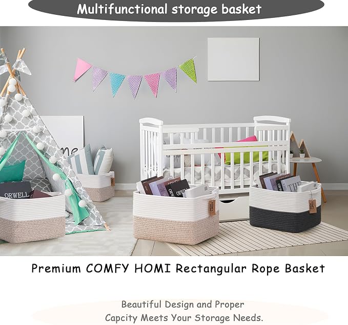 COMFY-HOMI 3PACK Cotton Rope Square Basket with Handles for Shelves| Storage|Baby Basket for GIF|Shoe Basket for Organizing|New13.5" x 11" x 9.5" for Living Room