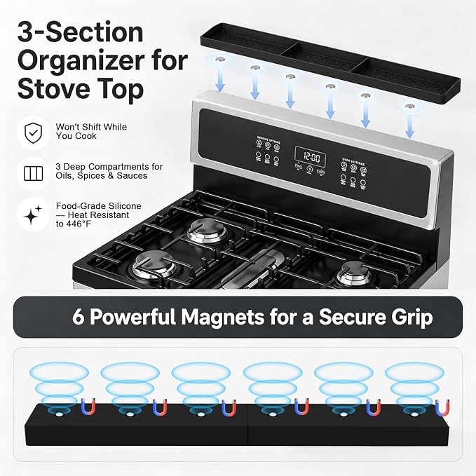 30" Magnetic Stove Top Shelf, Silicone Over the Stove Spice Rack Organizer | Heat Resistant Silicone, Anti-Rattle No-Scratch Range Shelf, 3 Functional Partitions Kitchen Storage for Spices