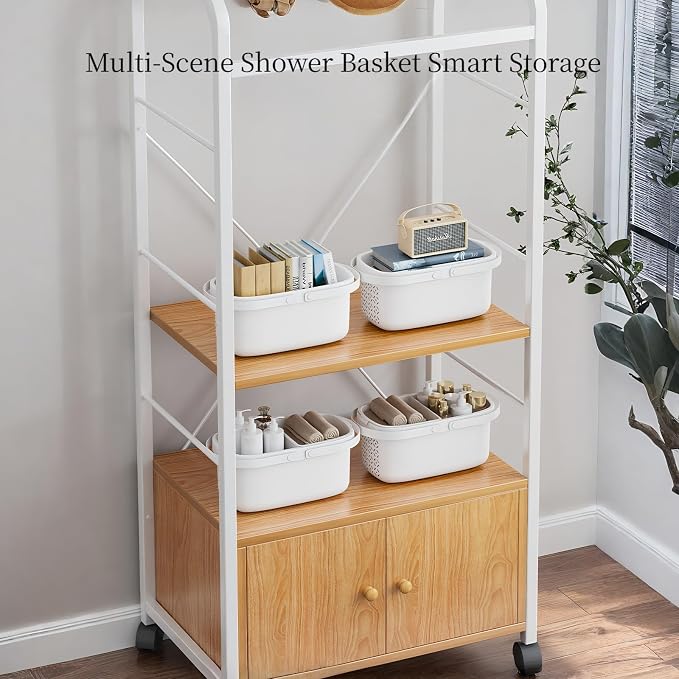 Pulseplay Plastic Shower Caddy Basket with Handle Portable Organizer Storage Basket with Drainage Holes for Bathroom College Dorm Bedroom Kitchen Gym (White)