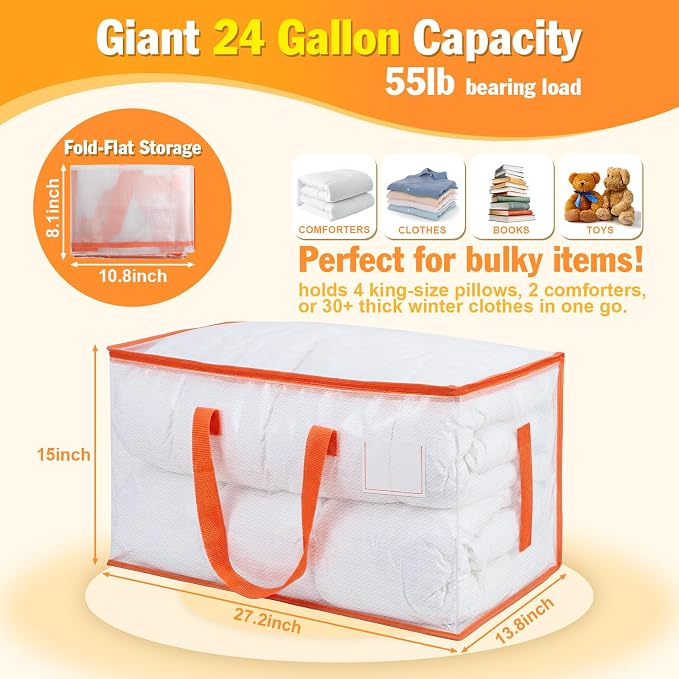 KYODOLED 6-Pack Clear Moving Bags Heavy Duty Extra Large, Storage Totes with Reinforced Handles & Label Pocket, Transparent Packing Containers for College Dorm, Clothes, Bedding, Home Organization