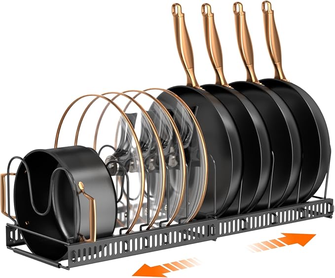 MUDEELA Expandable Pot Pan Lid Organizers inside Cabinet, 10 Divider-Black | Expandable 11.8–22.9", 10 Adjustable Divider, Tool-Free Assembly, Non-Slip, Scratch-Proof, For Pan Lid Cutting Board Bakeware